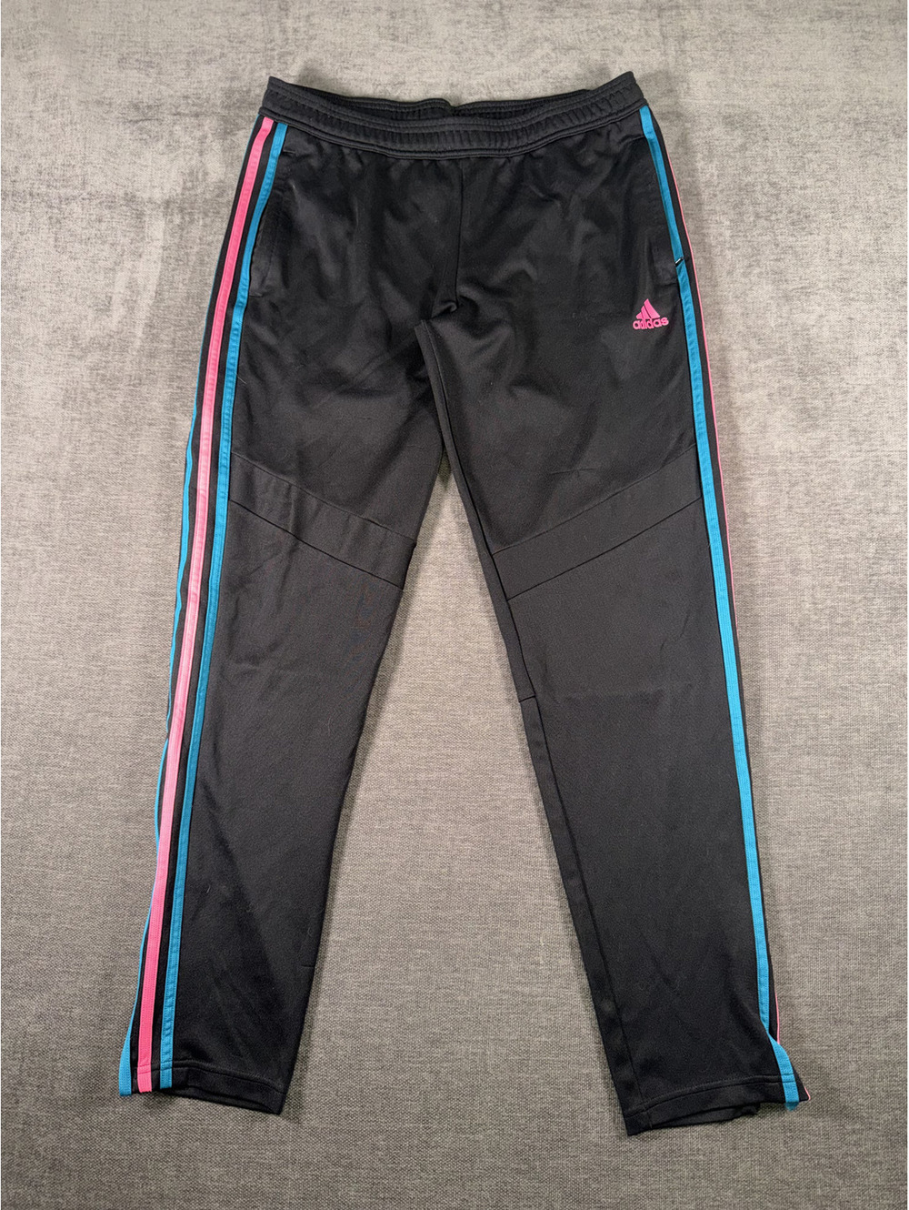 Adidas Black Track Pants with Pink and Blue Side Stripes, Size Large